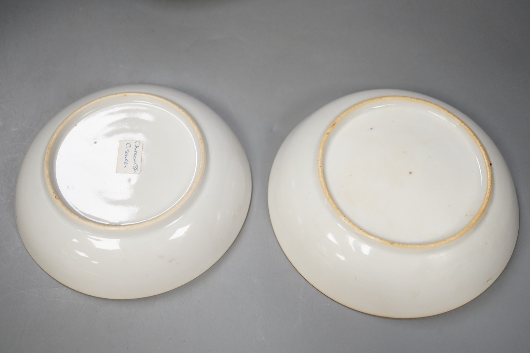 A group of Chinese blue and white: 3 dishes, a tea bowl and a bowl, 18th century